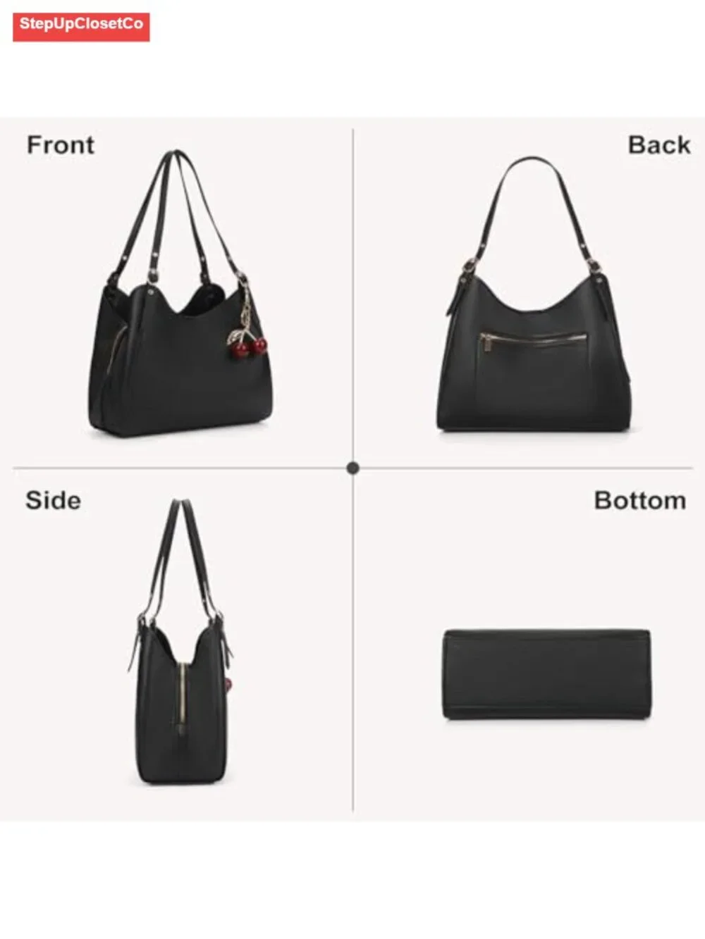 Faux Leather Slouchy Hobo Bag with Cherry Charm Tote for Women